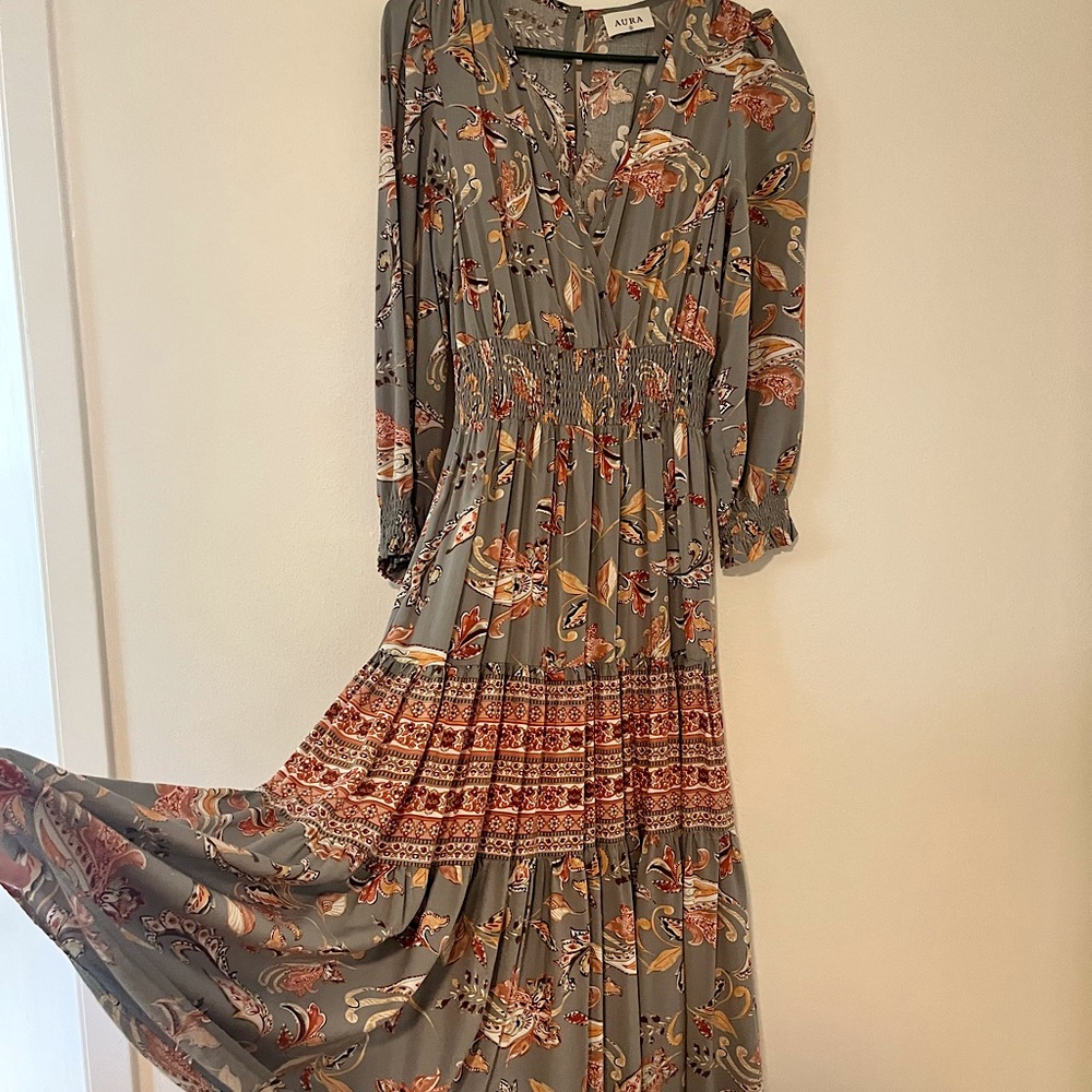 Paisley Printed Maxi Dress W/ long sleeves